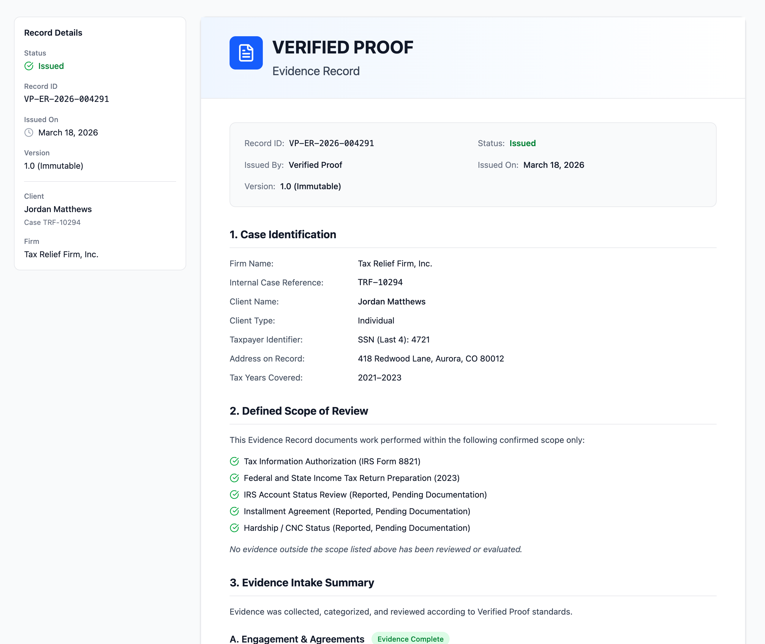 Example of a Verified Proof Evidence Record showing case details, scope, and evidence intake summary